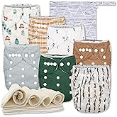Nora's Nursery Cloth Diapers 7 Pack with 7 Inserts & 1 Wet Bag - Waterproof Cover, Washable, Reusable & One Size Adjustable Pocket Diapers for Newborns and Toddlers - Woodlands