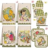 VitalCozy 8 Pcs Easter Kitchen Towels Oven Mitts and Pot Holder Sets Happy Easter Kitchen Towels Dish Towel Retro Border Bunny Little Girl Chick Heat Resistant Oven Gloves Potholder for Holiday Baking