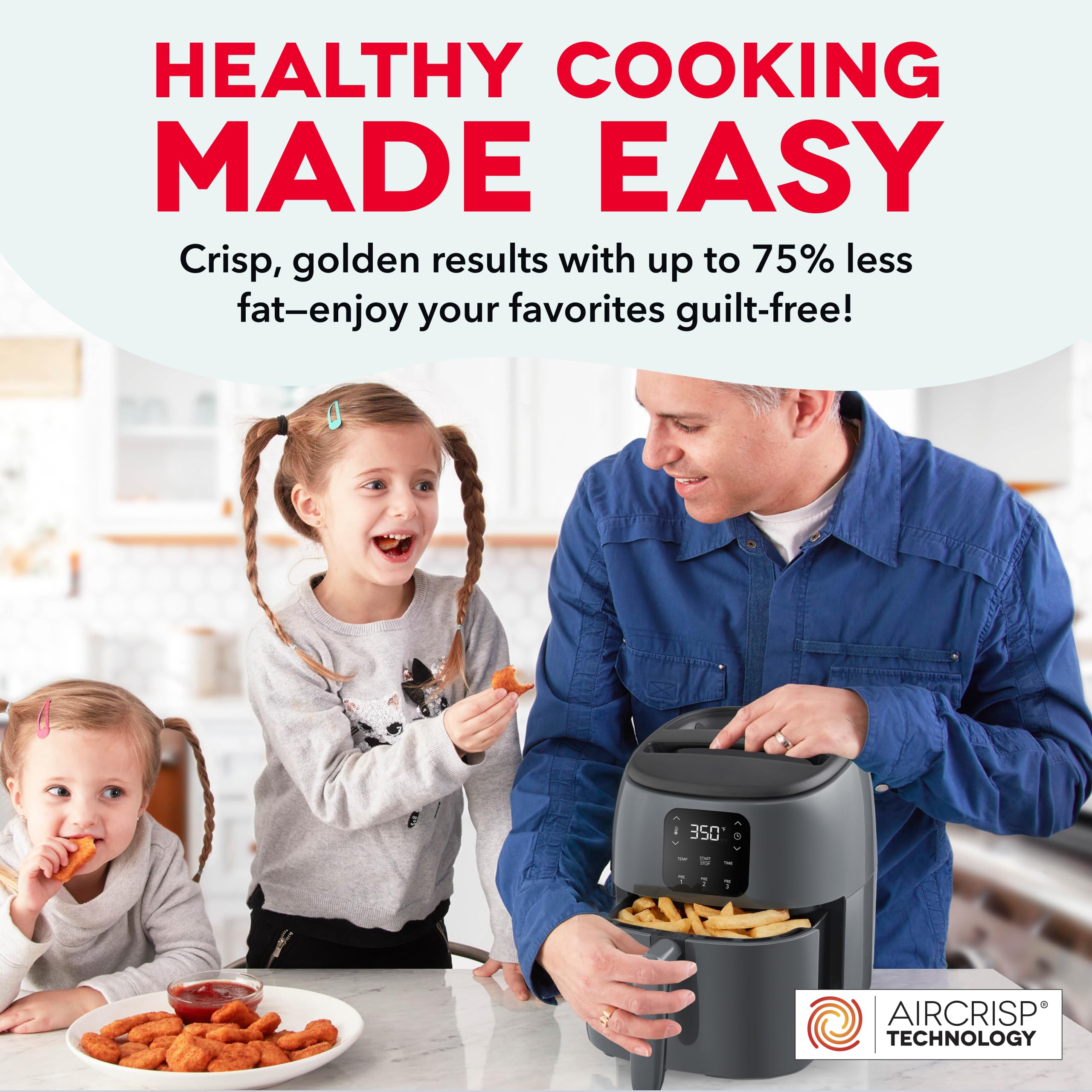 Freidora de aire eléctrica DASH Tasti-Crisp™, 2.6 cuartos, gris - Freidora de aire compacta para alimentos más saludables en minutos, ideal para espacios pequeños - Apagado automático, digital, 1000 vatios