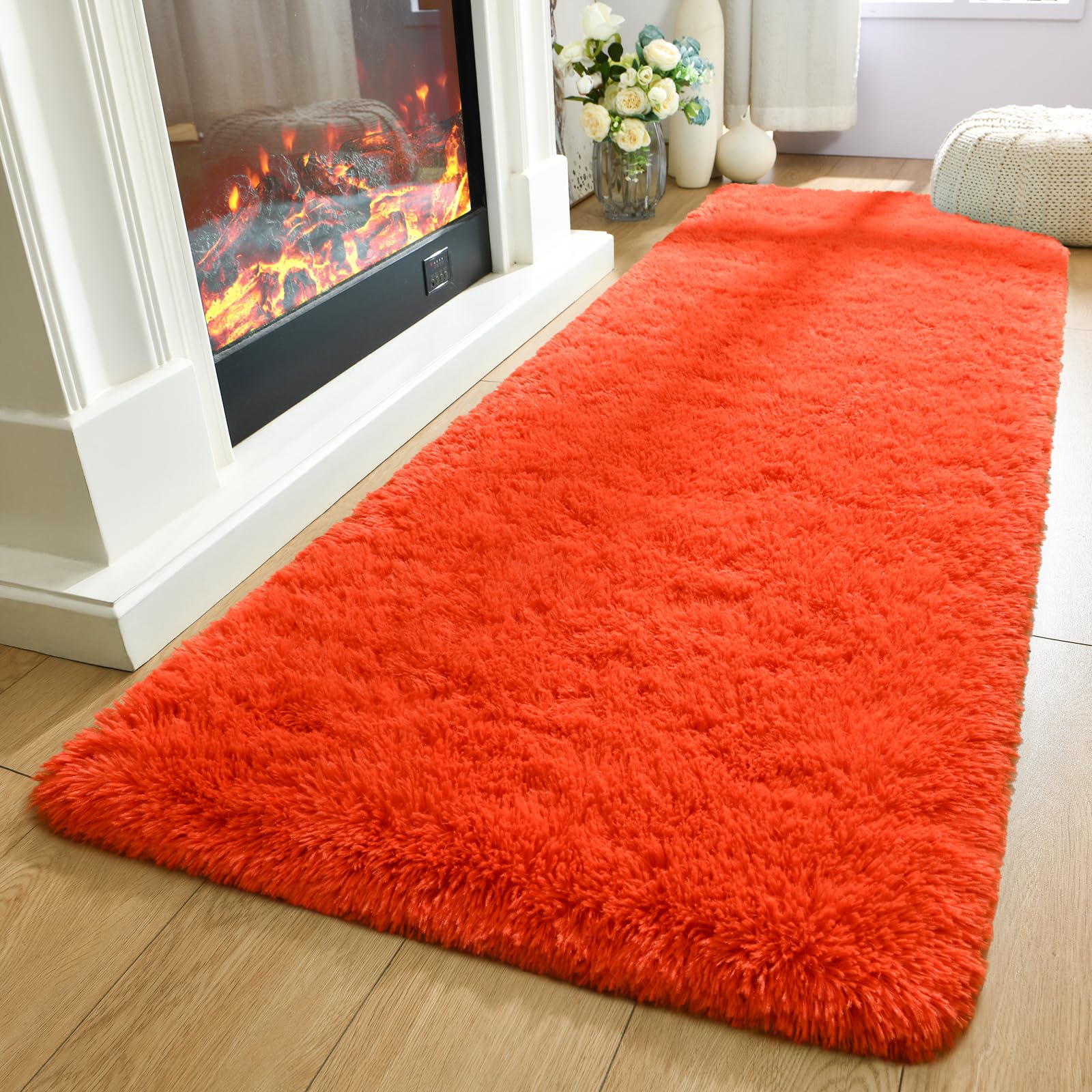 Photo 1 of Merelax Soft Fluffy Rugs for Bedroom Living Room, 2x6 Hallway Runner Rugs, Furry Shag Bedside Area Rug Indoor Accent Floor Carpet, Plush Fuzzy Rug for Dorm Nursery Kids Room Decor, Orange Red