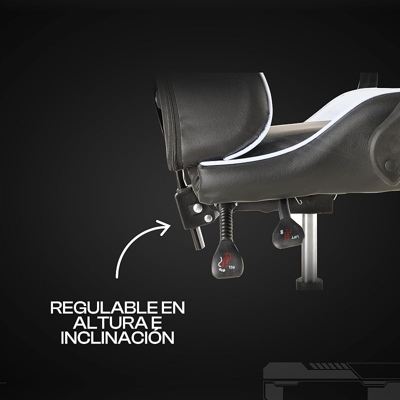 – Silla De Gaming Blanca y Negra, Silla Ergonómica de Oficina con Respaldo Regulable de 90° a 120°, con Reposacabezas, reposabrazos y Soporte Lumbar. Rotación de 360°