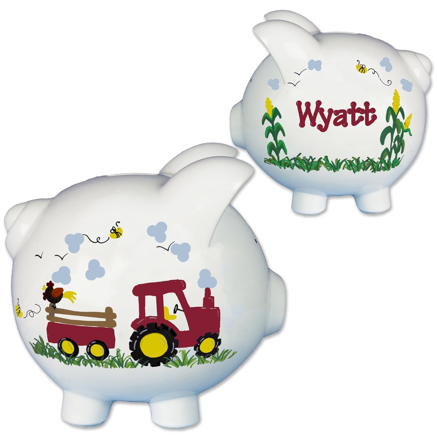 Hand Painted Personalized Red Tractor Piggy Bank for Farm
