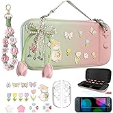 VirgoCCY Cute Travel Carrying Case for Switch 2 2025 with Silicone j-con Covers, Thumb Grip Caps, Screen Protector, Flower Strap, Charms and Embroidery stickers for Girls Women, Pink Green