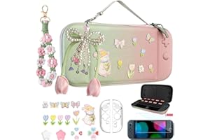 VirgoCCY Cute Travel Carrying Case for Switch 2 2025 with Silicone j-con Covers, Thumb Grip Caps, Screen Protector, Flower Strap, Charms and Embroidery stickers for Girls Women, Pink Green