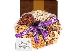 Gourmet Collection Nut Gift Basket With Greeting Card By Nutco 7 Assortments Tray, Arrangement Platter, Care Package - Healthy Kosher USA Made (1 lb, Happy Birthday)