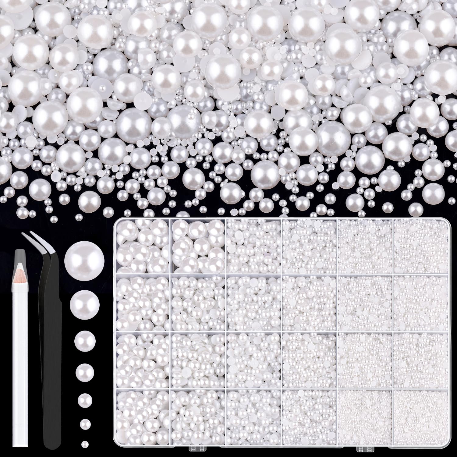 Photo 1 of 13000Pcs Flatback Pearls for Crafting (White), Assorted Size 2/3/4/5/6/8/10mm Non Hotfix Half Pearl, Bedazzling Bead for DIY Crafts Clothing Tumblers Mugs Shoes Fabric Embellishment Nail Art Makeup