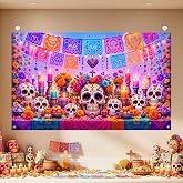 IVN Dia De Los Muertos Banner 71x43 Inch Day Dead Altar Sugar Skull Papel | Polyester Dia De Los Muertos Day Dead Altar Sugar design for Halloween wall party entryway and indoor outdoor seasonal decor