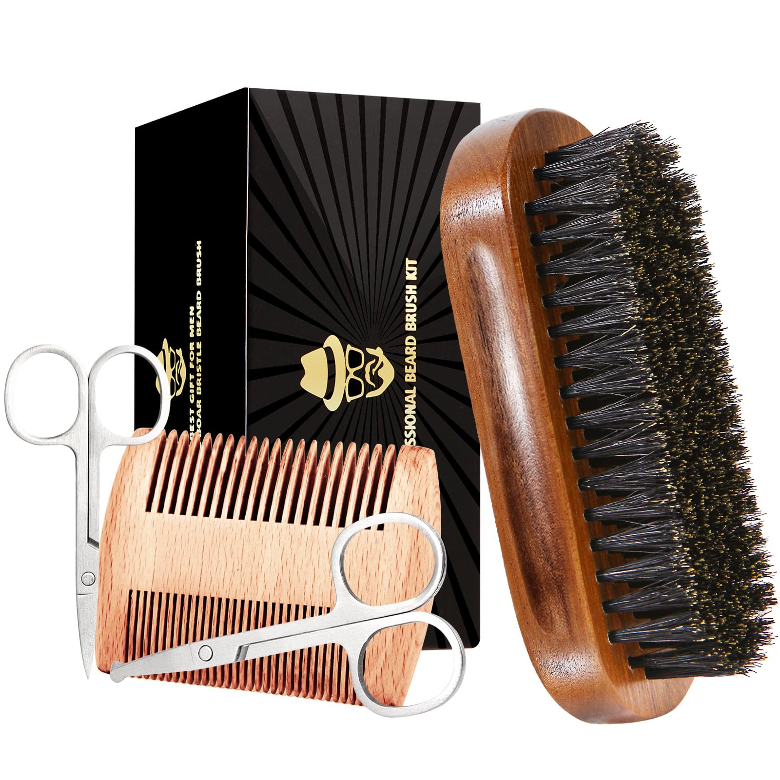 Boar Bristle Beard Brush for Men, Beards and Mustaches Grooming Set Including 100% Pure Boar Bristle Beard Brush, Beard Comb, 2 Pcs Mustache Scissors, and Travel Bag