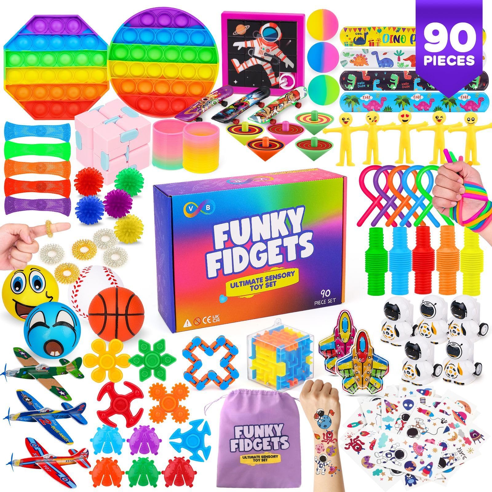 VB Fidget Toys Pack – 90-Pcs Kids Sensory Toys with Popper, Cube, Tubes, Stress Balls – Party Favours, Classroom Prizes – Anxiety, Stress Relief