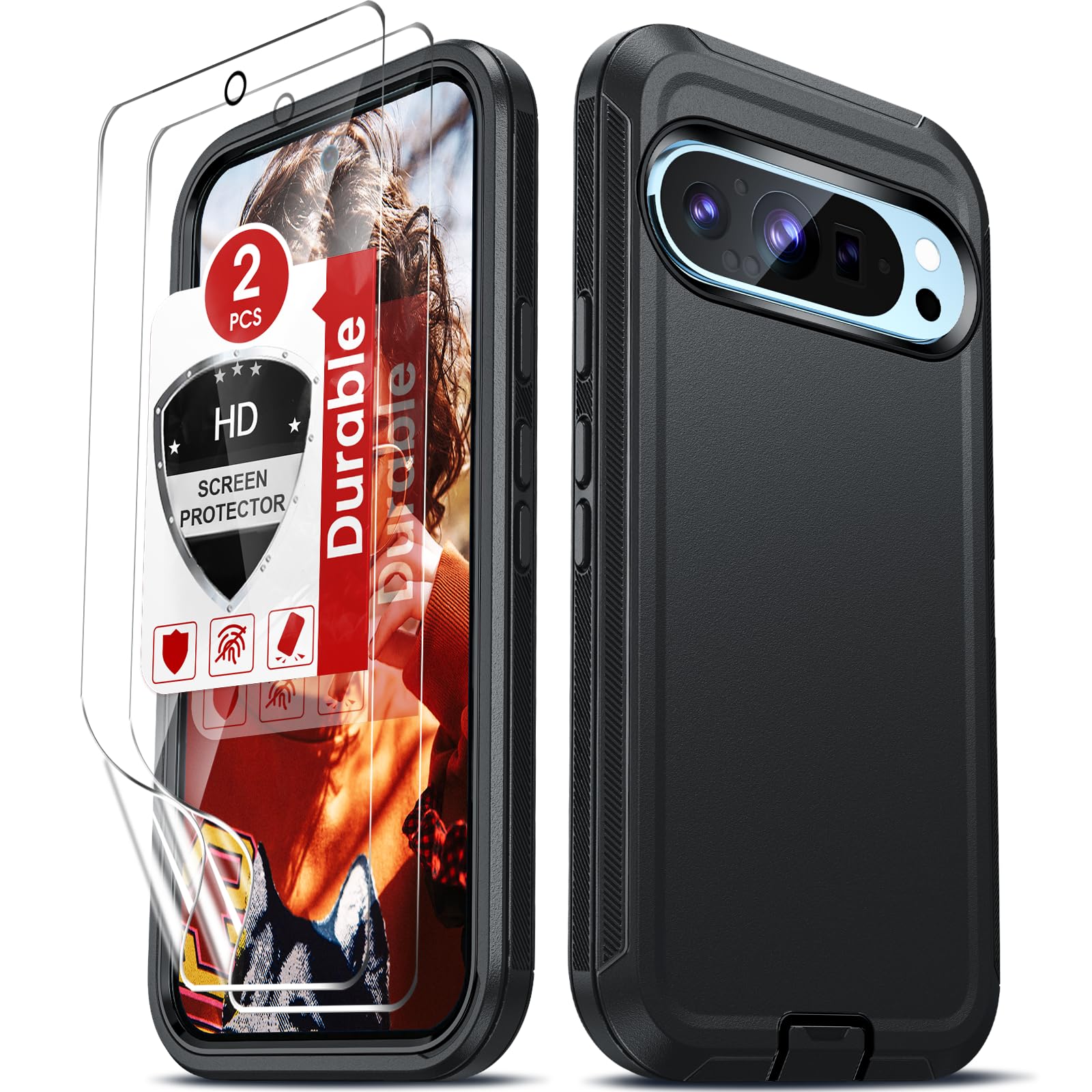 LeYi Compatible for Pixel-9-Pro Phone Case:Google Pixel-9 Case 【Not Fit Pixel 9 Pro XL】 with 2PCS Screen Protector, Heavy Duty Cover, Shockproof Cell Phone Funda fara Pixel 9Pro/ Pixel 9 6.3", Black