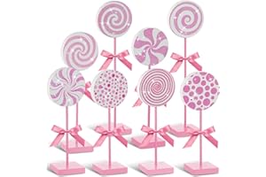Amyhill 8 Pcs Christmas Candy Wooden Tabletop Decor Glitter Xmas Candy Cane Table Centerpiece Sign for Christmas Tiered Tray Home Desk Office Party Decoration (Elegant,Pink)