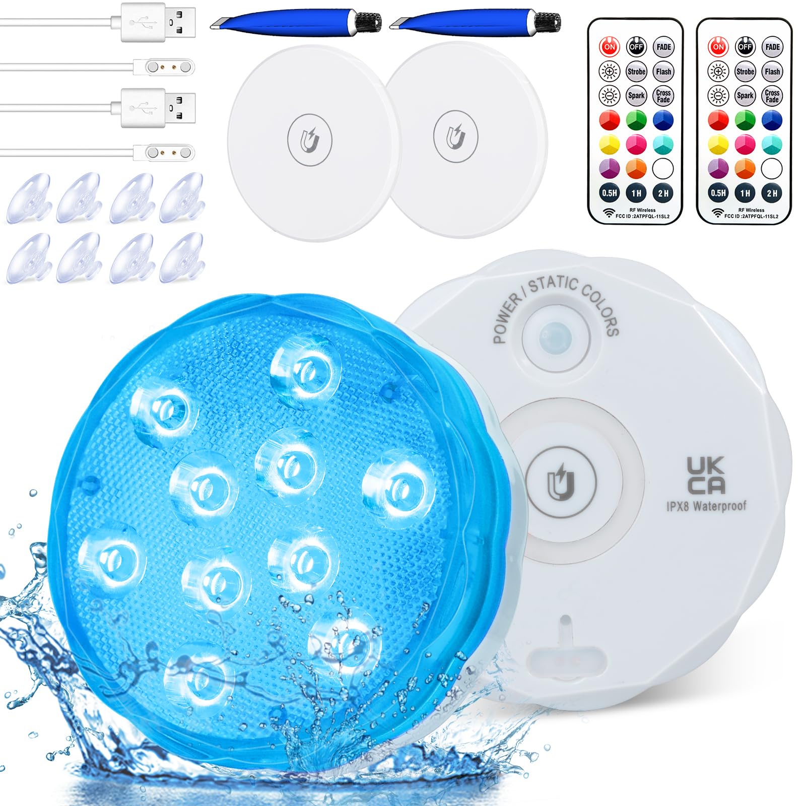 Idealife Rechargeable Hot Tub Lights, Waterproof Pond Lights Underwater Lights Pool Lights Bath Spa Lights Submersible Led Lights with RF Remote Party Fish Tank Christmas Lights Decorations 2-Pack