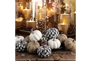 Ywlake 12 Pcs Mixed Assorted Sizes Artificial Pumpkins, Paintable White Fake Pumpkin Plaid Fabric Burlap Pumpkins for Fall Harvest Thanksgiving Halloween Decoration Faux Pumpkins Outdoor Decorating