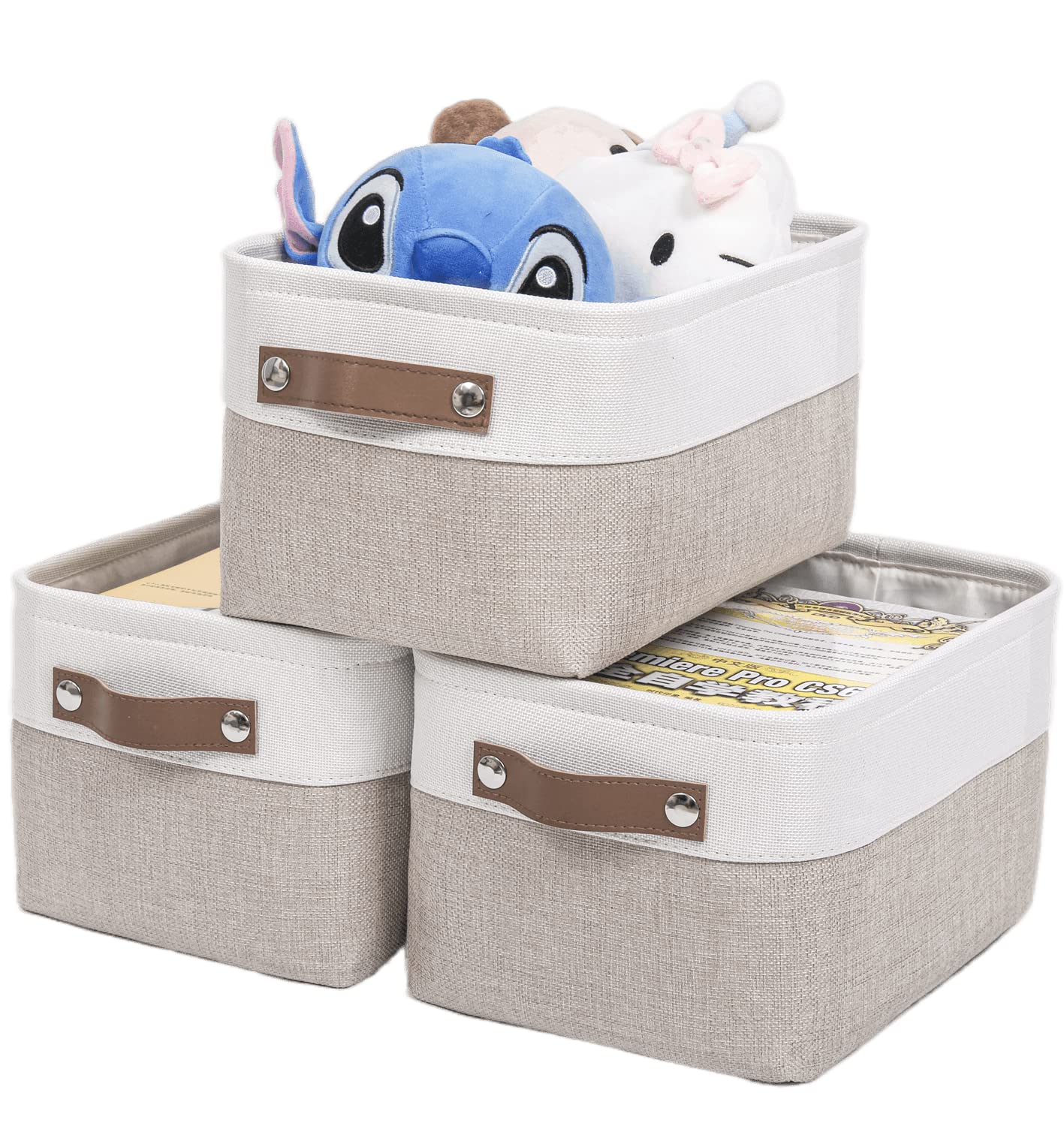 Mangata Set of 3 Fabric Storage Boxes,Collapsible Storage Basket for Books, Baby Toys, Clothes (Medium, Khaki)