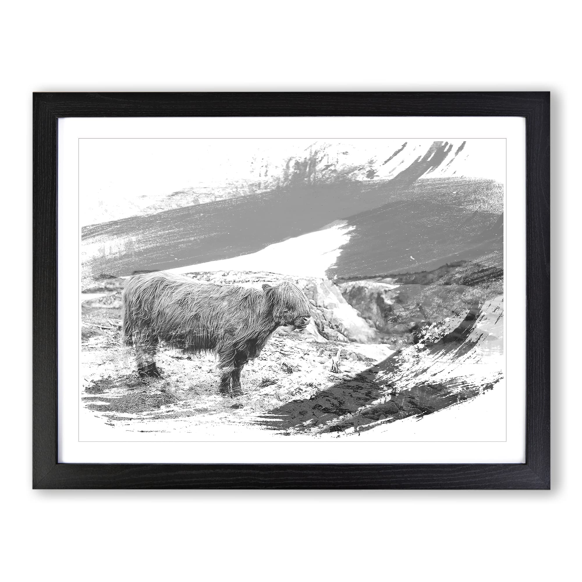 Highland Cow Landscape V1 Modern Framed Print | A4 Black Framed Wall Art | Ready to Hang | Modern Animal Picture | Living Room Bedroom Lounge Office