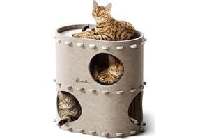 DownyPaws Cat House for Indoor Cats, 2-Storey Foldable Cat Bed Cave, Felt Cats Tunnel Bed Condo, Castle Kitten Cat Cube Hideaway for Multicats, Scratch Resistant, Cream