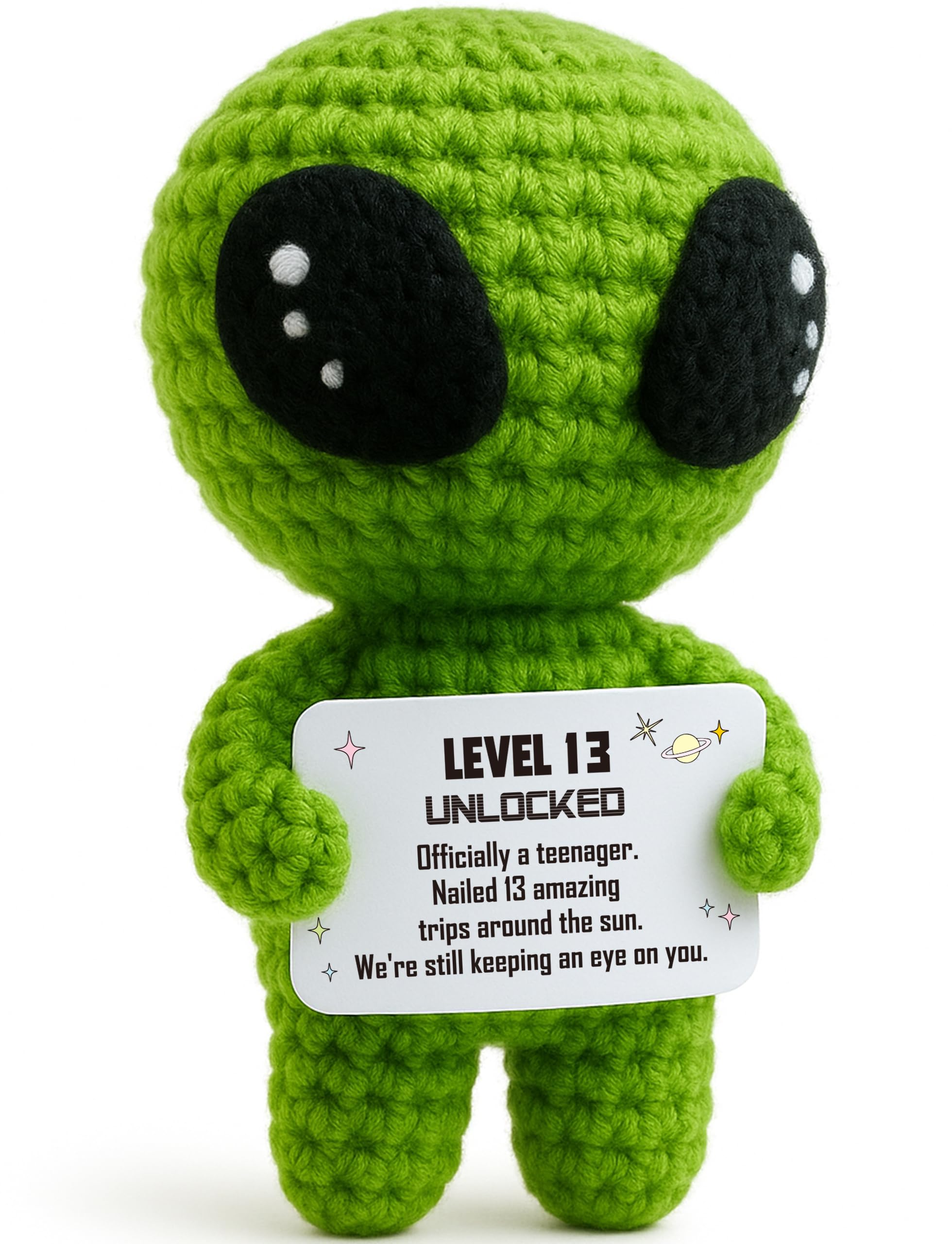 Happy 13th Birthday Milestone Keepsake – Handmade Crochet Alien Plush Doll with Funny Official Teenager Positive Affirmation Message Card – 13 Years Old Gift for Son, Daughter, Friend, or Grandchild