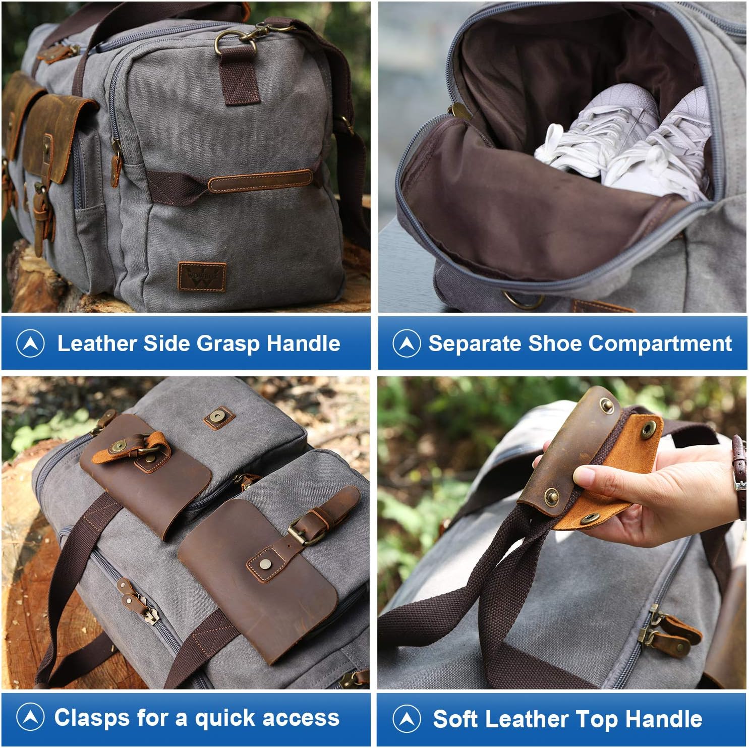  | WOWBOX Duffle Bag Weekender Duffel Bag for Men and Women Genuine Leather Canvas Travel Overnight Carry on Bag with Shoes Compartment Grey | Travel Duffels