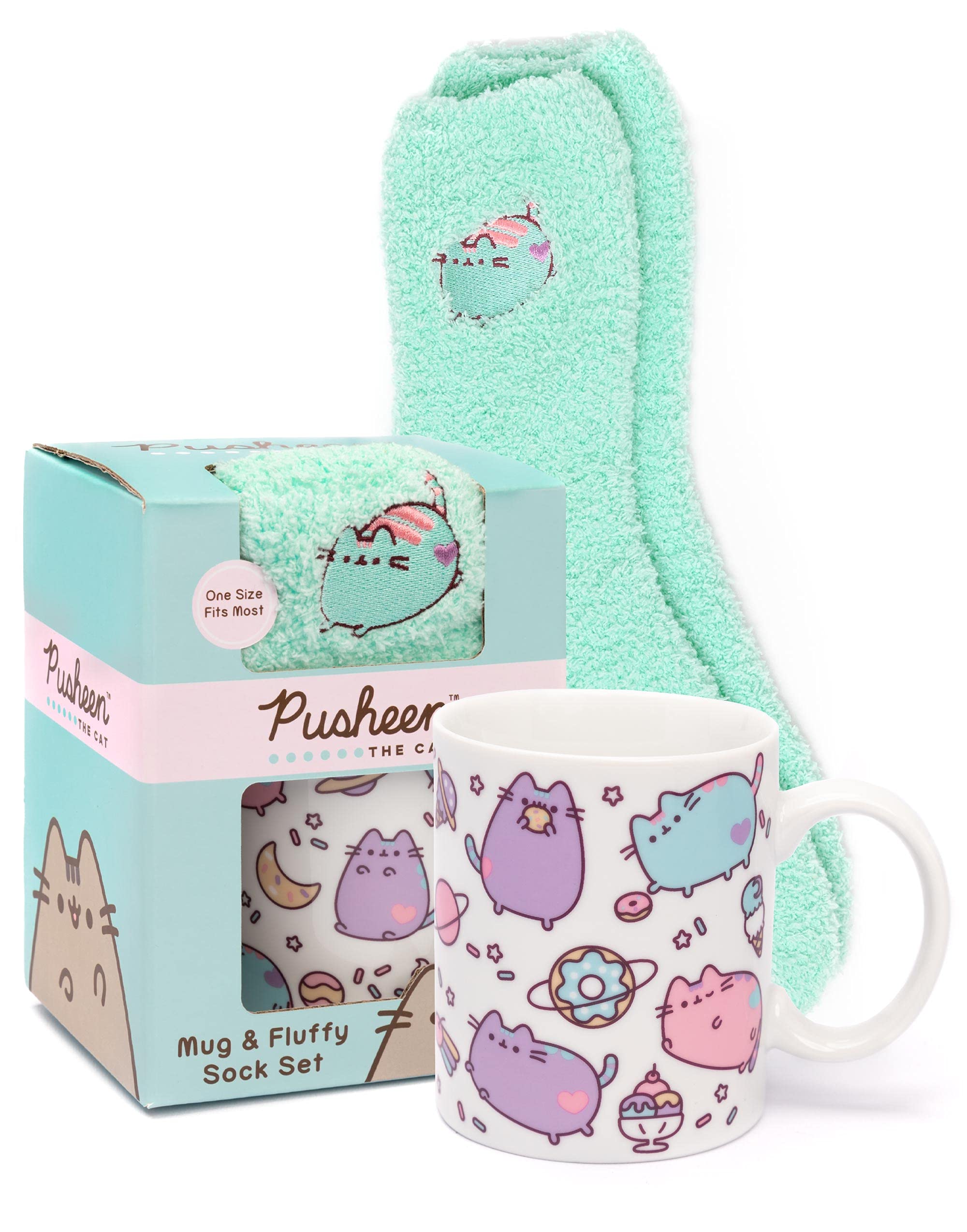 Pusheen Mug and Socks Gift Set for Adults Kids | Novelty Cat Cup with One Size Fluffy Slippers | Animated Blue White Ceramic Homeware 11 Oz