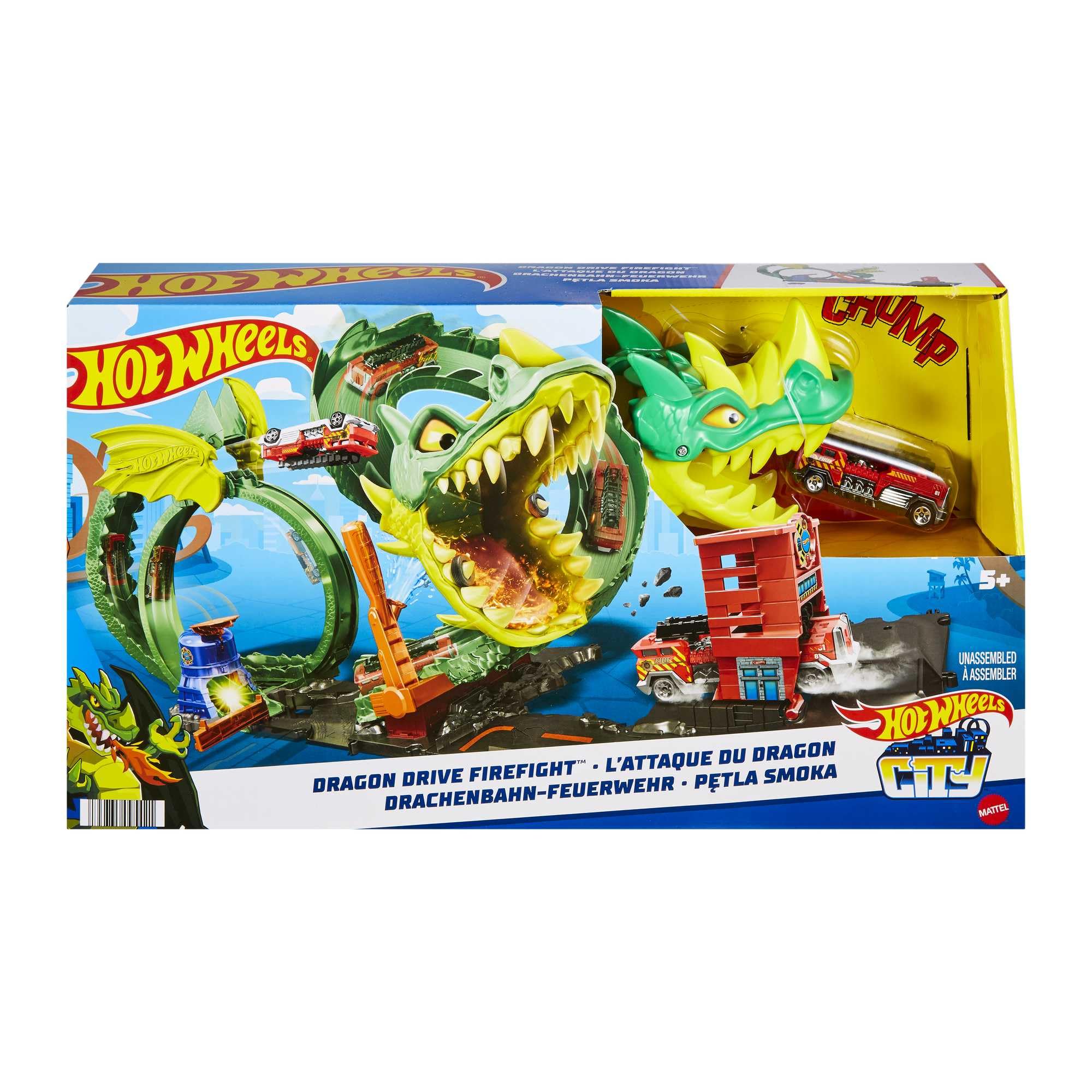 Hot Wheels City Dragon Drive Firefight Playset, Defeat the Dragon with Stunts, Connects to Other Sets, Includes 1 Hot Wheels Toy Car, Gift for Kids 3 to 8 Years Old, HJV70