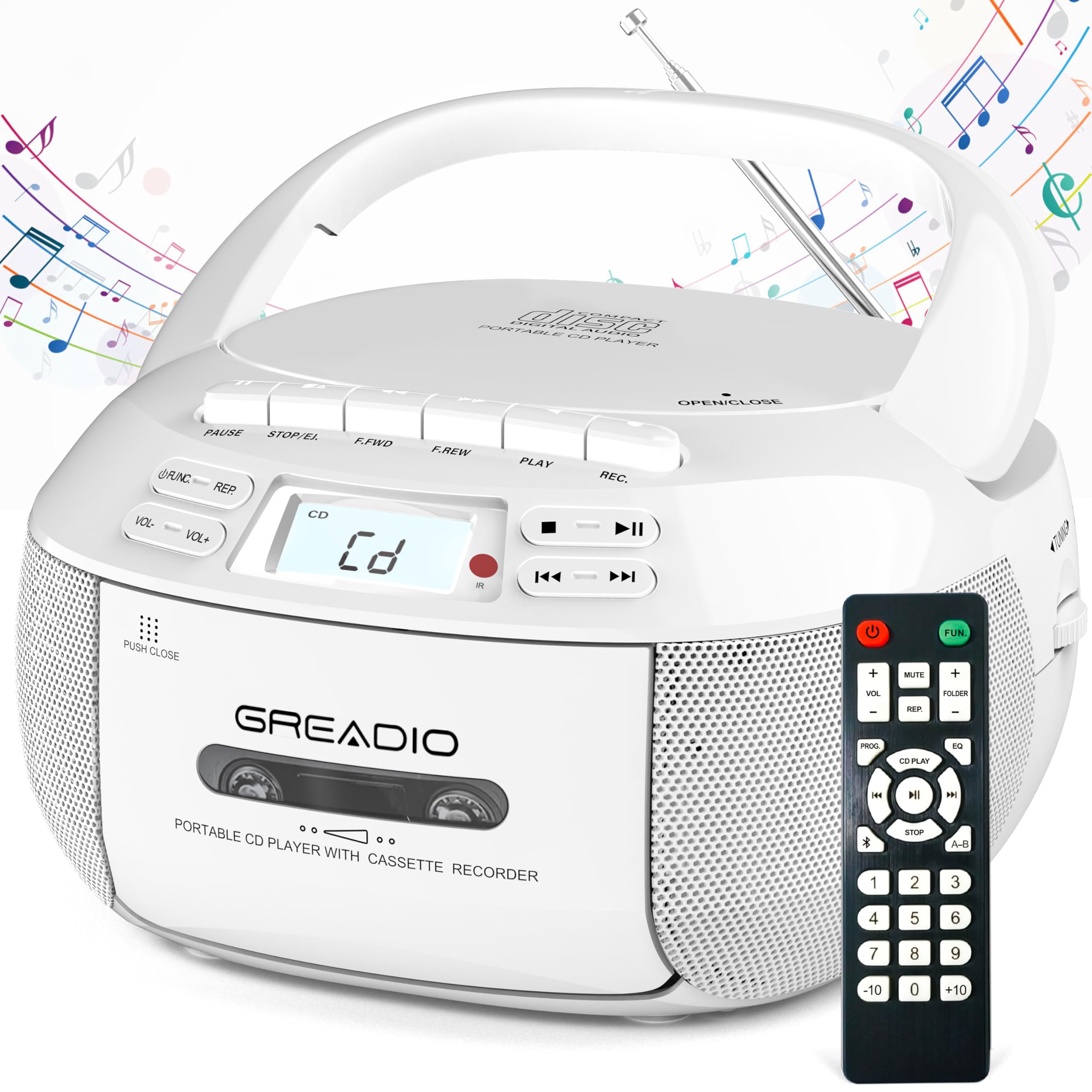 Photo 1 of Greadio CD Player Boombox Cassette Player Combo with Bluetooth,AM/FM Radio,Stereo Sound with Remote Control,AUX/USB Drive,Tape Recording,AC/DC Powered,Headphone Jack,LCD Display for Home,Kids,Gift