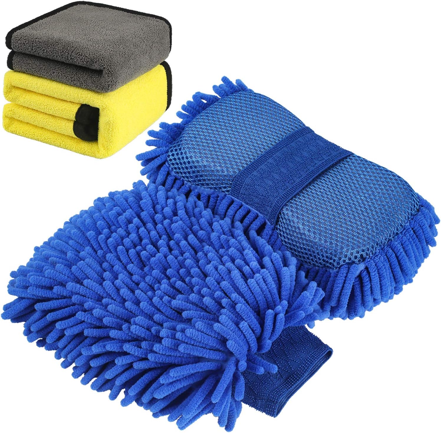 AUTODECO 4Pcs Car Wash Cleaning Kit - Premium Chenille Microfiber Wash Mitt 1Pcs, Wash Sponge Glove 1Pcs, Microfiber Towels 2Pcs - Lint Free - Scratch Free: Automotive
