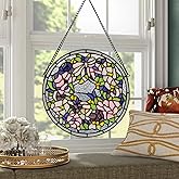 Handcrafted Stained Glass Window Panel - 12-Inch Round Floral Design with Vibrant Colors, Elegant Decorative Hanging Art for Home Décor, Includes 20-Inch Chain & Hook (Pink Iris)