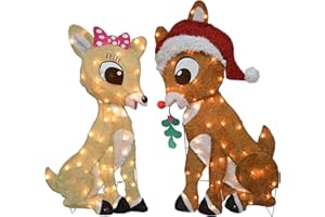 TISYOURSEASON 32" Rudolph Pre-Lit 2D Rudolph and Clarice Sitting with Mistletoe Christmas Decor White