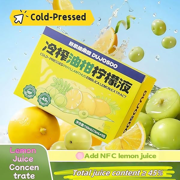 REAL LEMON JUICE, COLD-PRESSED LEMON JUICE CONCENTRATE DRINK MIX, 20 SINGLE-SERVE PACKETS, 15ML EACH. LIQUID WATER ENHANCER. PRESERVES NATURAL VITAMINS WITH COLD-PRESS TECHNOLOGY. MIX WITH WATER, TEA, OR SMOOTHIES IN SECONDS!
