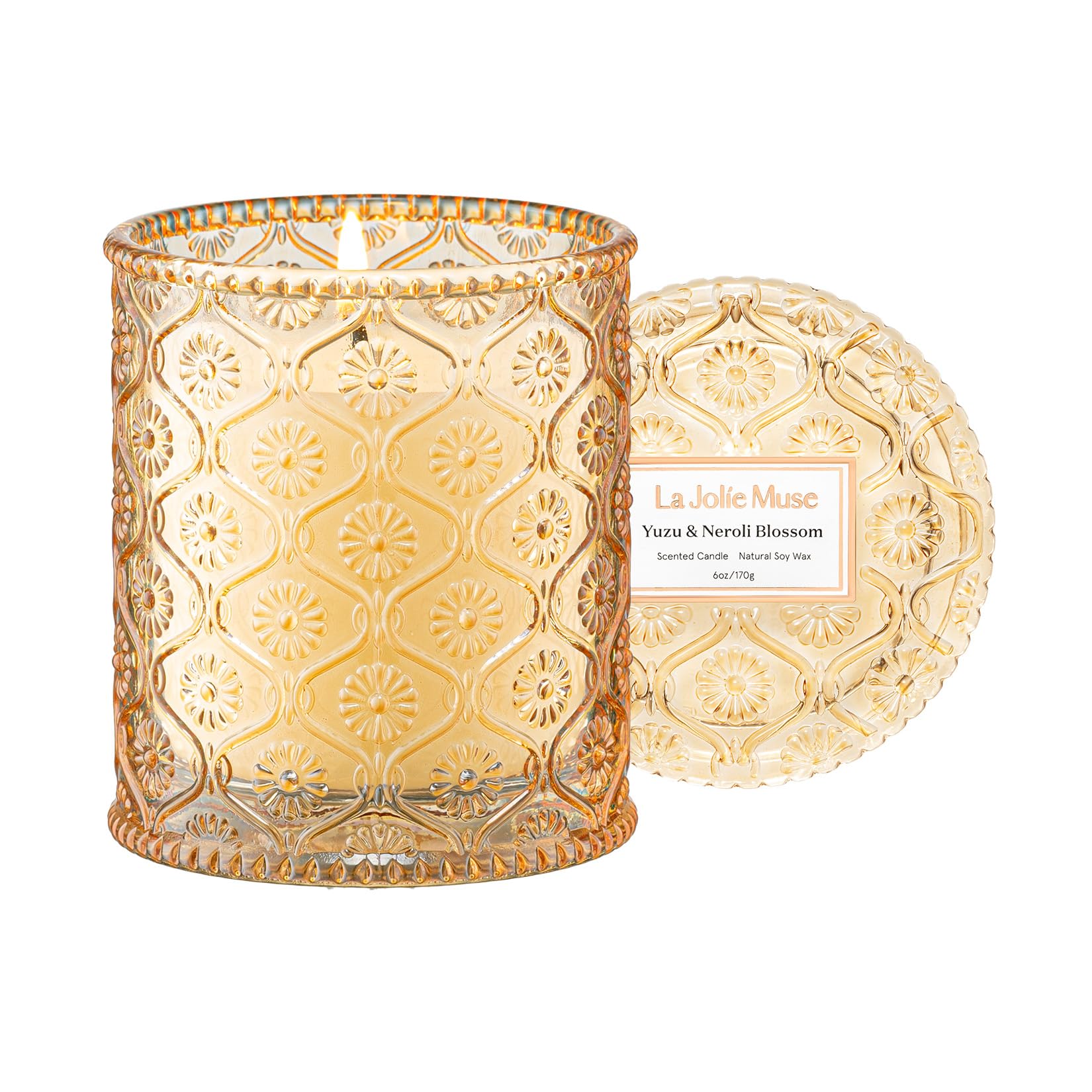 LA Jolie Muse Yuzu & Neroli Blossom Candle - Yuzu, Orange Blossom, Cedarwood | 6 oz Natural Soy Wax | 40 Hours Clean Burn | Citrus Scented Candle | Gift-Ready for Hosts & Gatherings