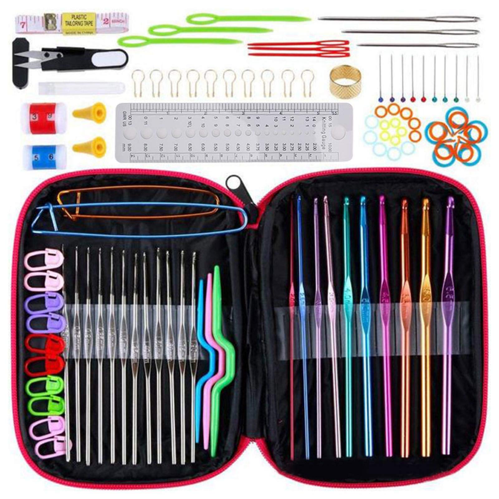 Crochet Hooks Kit Sweater Knitting Yarn Weaving Needles Set with Storage Case Organizer for Beginners and Experienced Crochet Lovers(Rose Red)