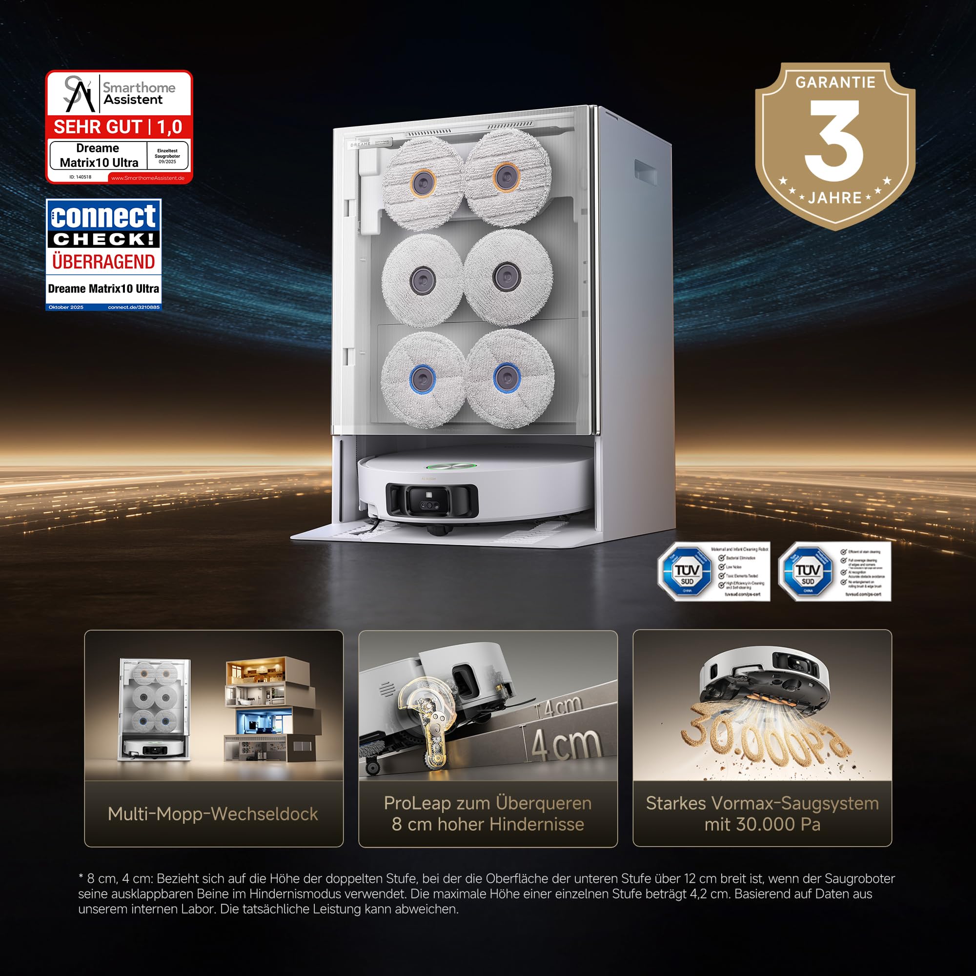 dreame Matrix10 Ultra Saugroboter mit Wischfunktion, Mopp-Wechsel/Selbstreinigung, 8 cm Hindernisfreiheit, 30.000Pa, Autom. Entleerung/Nachfüllung, kein Verheddern, Sprachsteuerung
