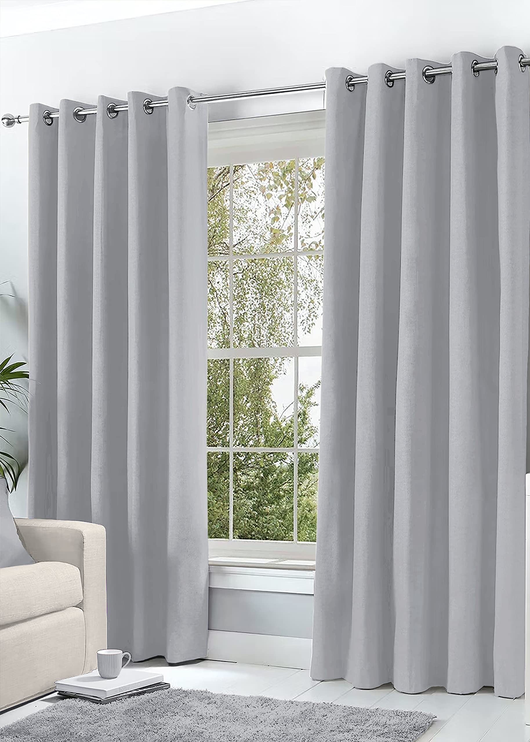 Hachette Thermal Blackout Curtains Eyelet Ring Top Including Pair of Tiebacks (Silver Grey, 66" X 54")