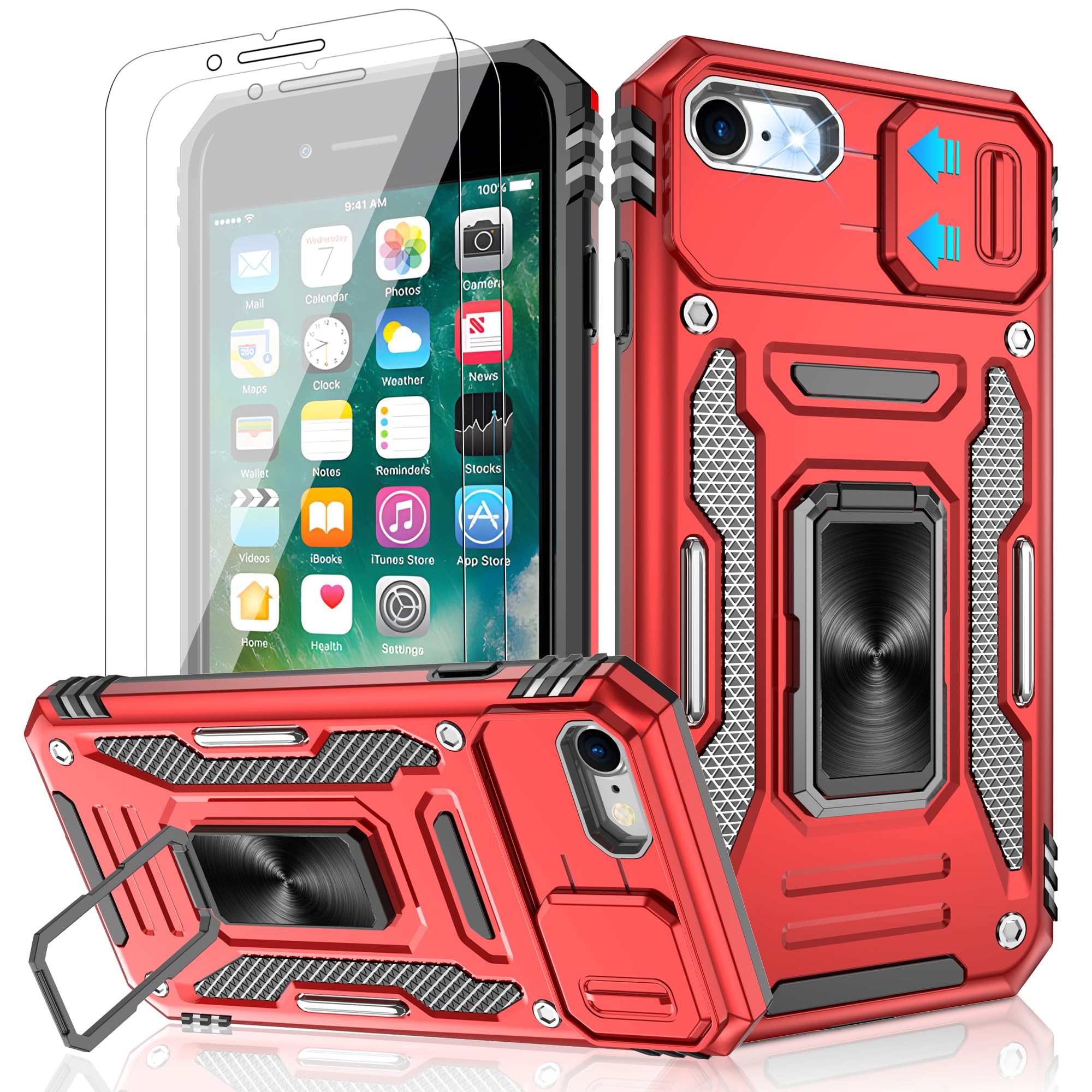Jshru for iPhone SE 2022 & 2020 Case with Screen Protector,iPhone 7/8 case,[Built-in Camera Cover],Ring Kickstand Phone Cover for iPhone SE 4.7'',Red