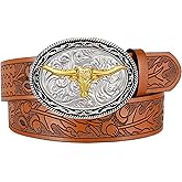 JKEEMI Western Cowboy Belt for Men Women, Country Longhorn-Bull Horse Buckle Embossed Leather Belt for Jeans Gift
