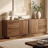 ModernMate 70'' TV Stand for TVs Up to 75'', Wood Entertainment Center with Sliding Doors and Drawers, Television Console Storage Cabinet with Adjustable Shelf for Living Room, Bedroom, Walnut