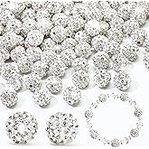 Dowarm 110PCS 10MM White Rhinestone Beads for Jewelry Making, Round Polymer Clay Crystal Beads for Crafts Bracelet Necklace Beaded Pen, Shamballa Pave Disco Ball Diamond Bead