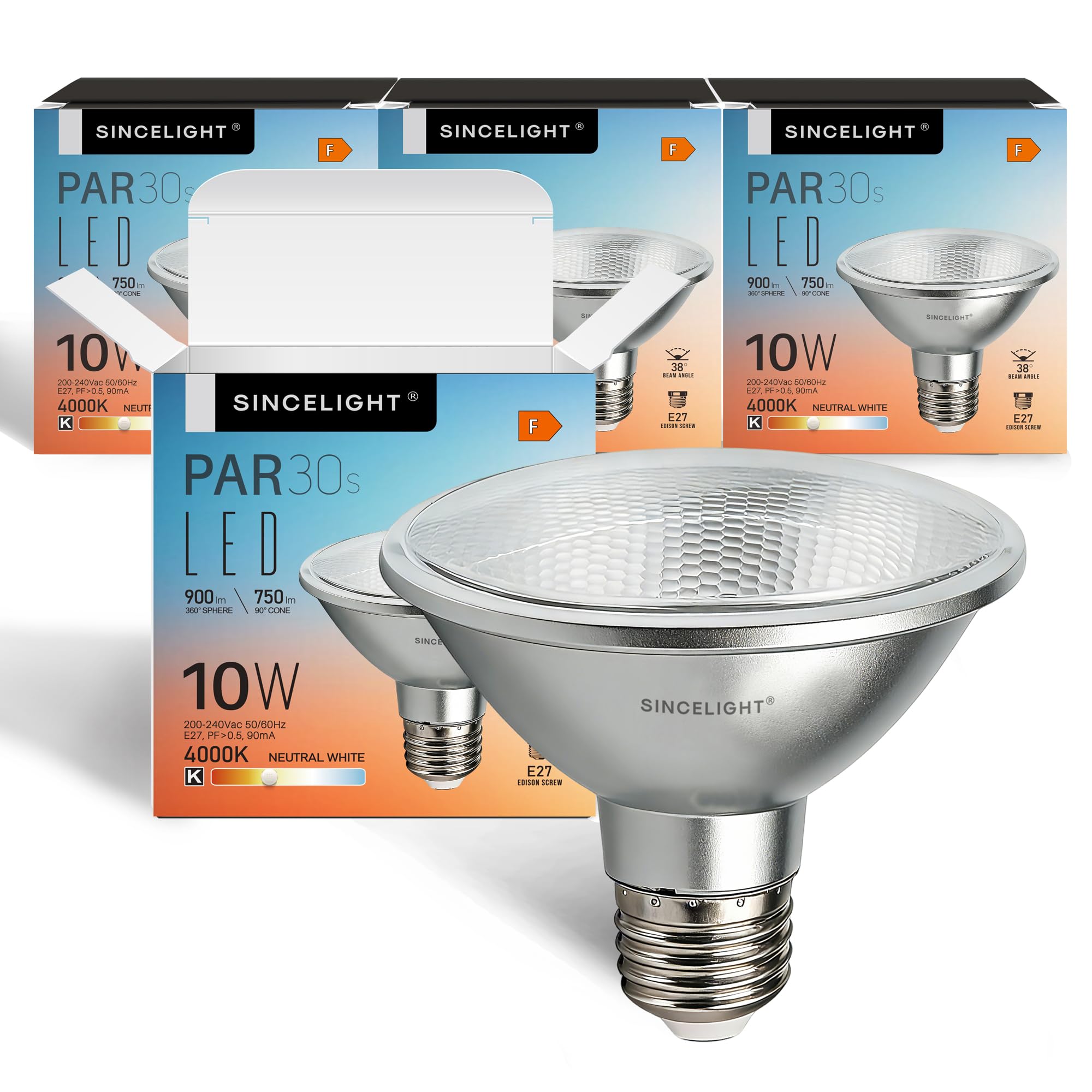 SINCELIGHT PAR30s LED Light Bulb with E27 Base, with 38° Optical Reflector, 10W, Vivid Color RA>92, Neutral White 4000K, 900 Lumens Equivalent to 90W Halogen, Pack of 4