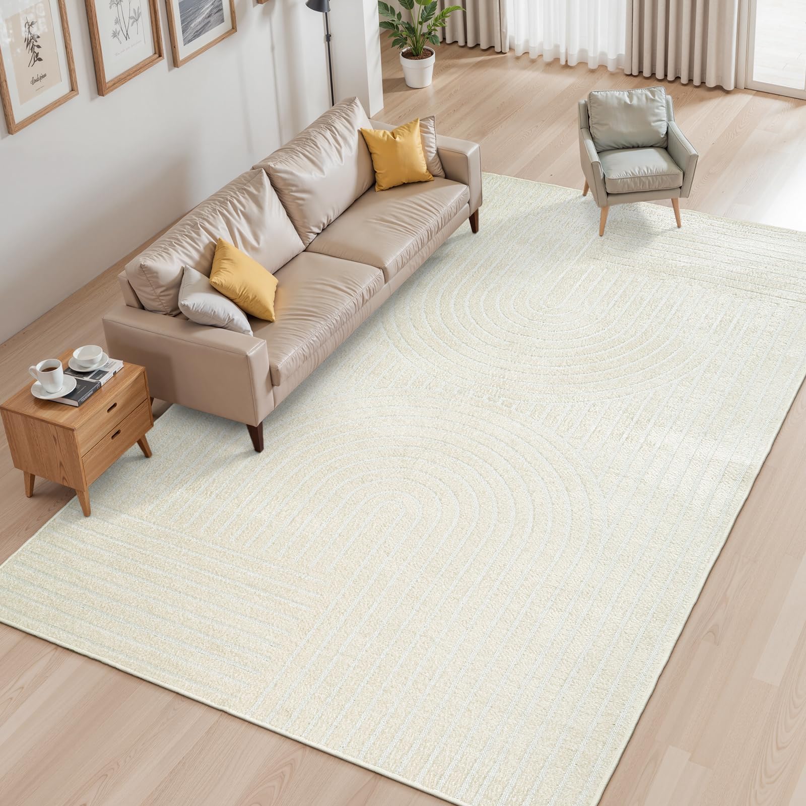 Photo 1 of Collive Modern 8X10 Tufted Rug for Living Room, Boho White Abstract Rainbow Area Rug Washable Non Slip, Soft High-Low Pile Art Indoor Carpet for Bedroom Dining Room Backyard