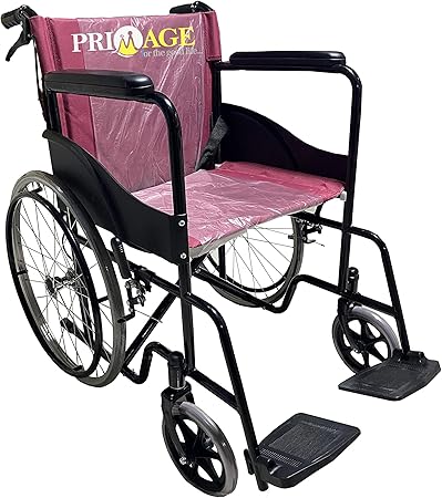 Primage Premium Folding Spoke Wheel Medequip Wheelchair Detachable Footrest, Dual Brakes & Seat Belt for Extra Protection - Maroon