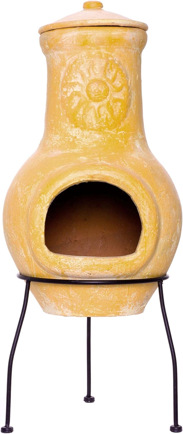 Nexos Terrassenofen Gartenkamin Terracotta 70 cm Gartenofen Yaqui Stahlgestell Feueröffnung 17x13 cm Schlot 22x15 cm robust 16 kg