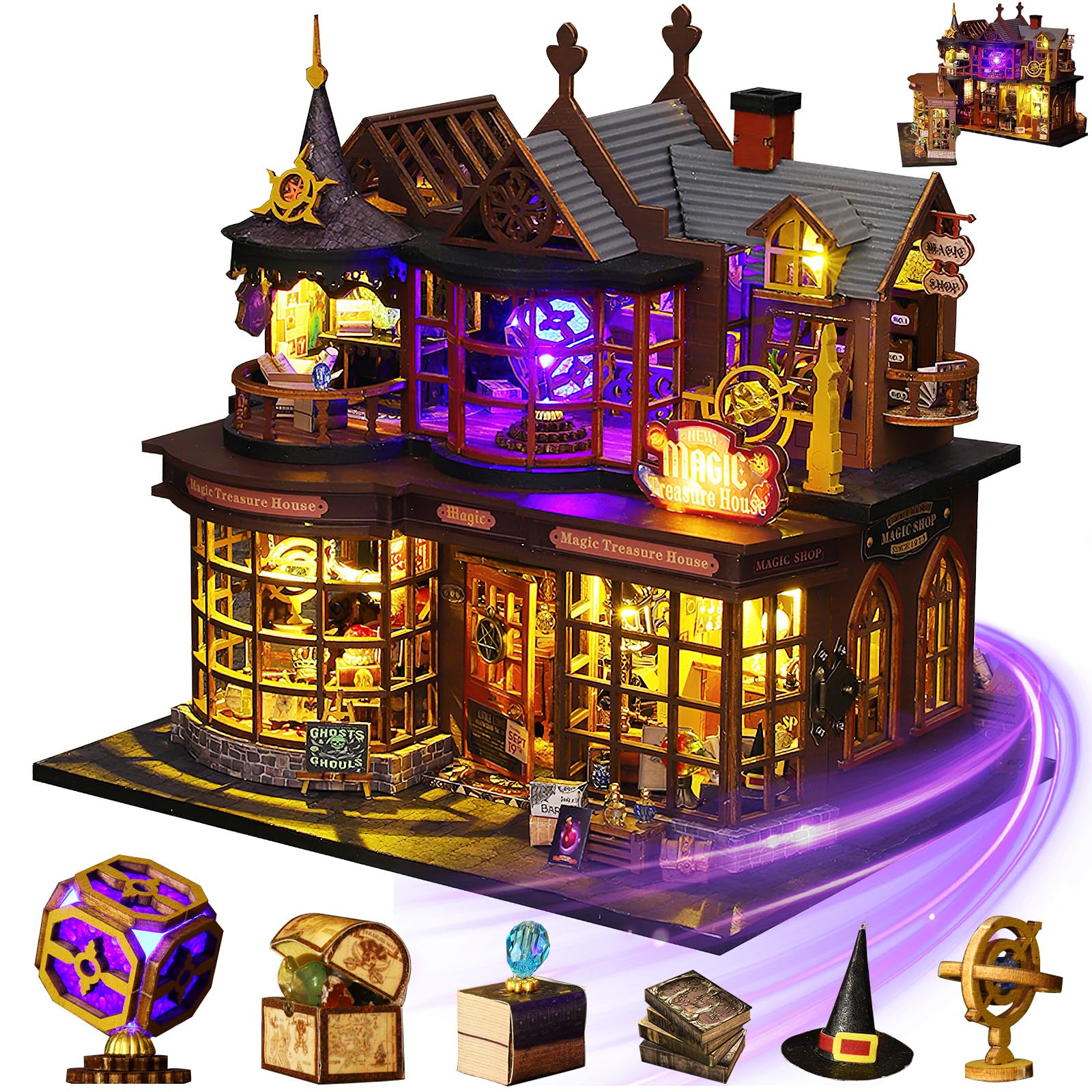 Mostop DIY Miniature Dollhouse Kit, Wooden Dollhouse Kit Miniature House Kit with LED Light,Creative Room Idea for Kids/Adults Magic House DIY Kits (Magic Treasure House)