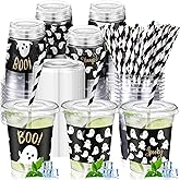 Jingmore 50 Pcs Party Disposable Plastic Cups 12 oz with Lids Straws Themed Party Supplies Plastic Tumbler for Birthday Table Decorations Favors(Halloween Ghost,Black)
