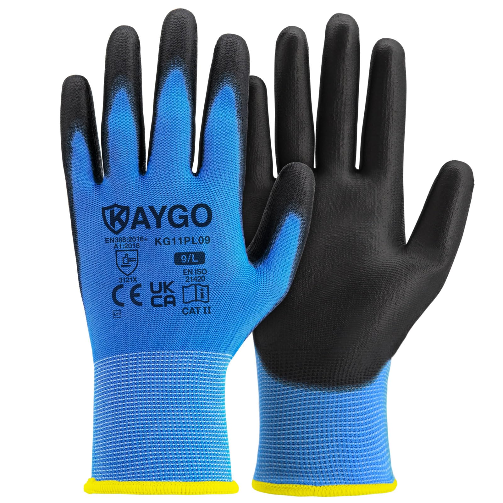 KAYGO Work Gloves PU Coated-12 Pairs, KG11PL, Safety Working Gloves with Secure Grip on Palm & Fingers, for Men and Women, Ideal for General Purpose Light Duty Work, Gardening (Large, Blue)