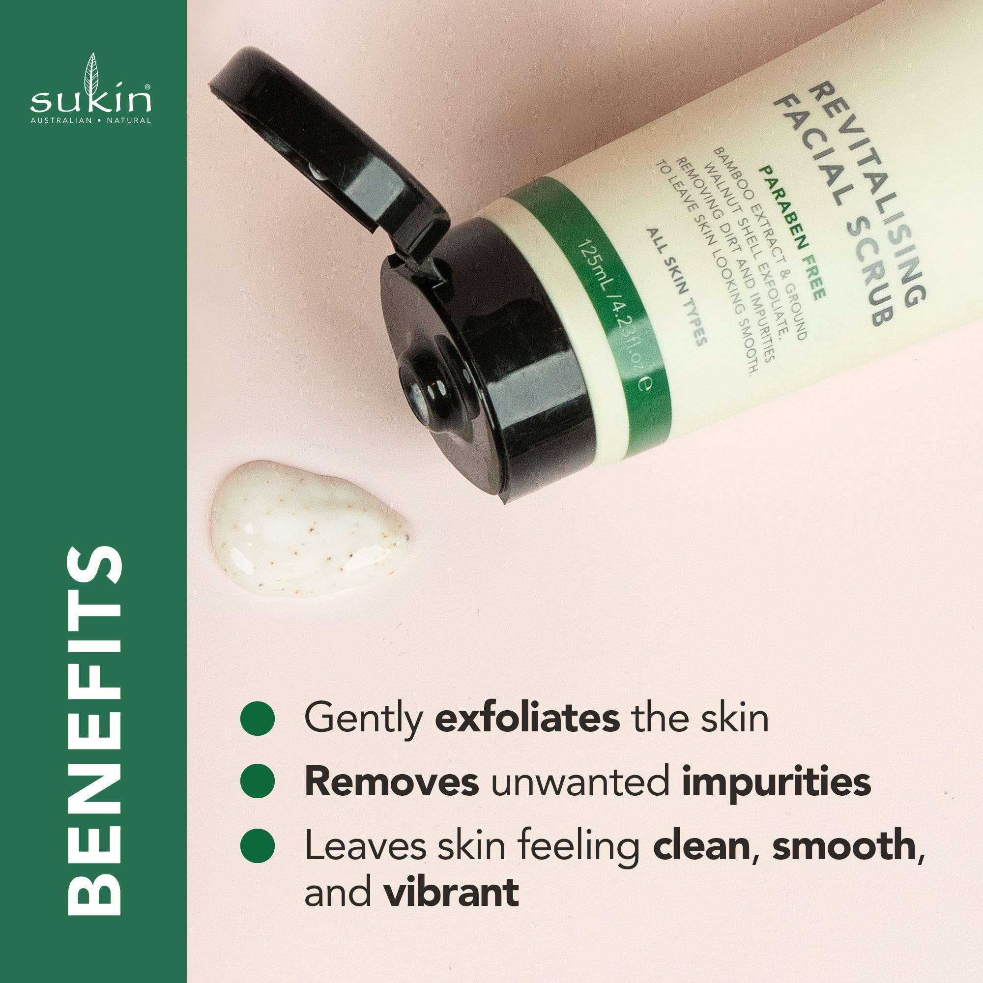 Sukin Organics Revitalizing Face Scrub, Hydrating Cream-Based Facial Exfoliator with Bamboo Extract & Walnut Shell Exfoliant, Cleansing & Soothing, Normal to Dry Skin Types, Paraben Free, 4.23 Fl Oz