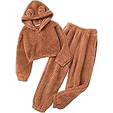Arshiner Girls 2 Piece Outfits Sweatsuit Fuzzy Long Sleeve Bear Ear Hoodie Sweatshirt and Sweatpant Kids Clothing Sets
