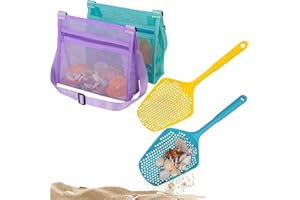 MUYIZI Beach Mesh Shovel with Mesh Shell Bags Kids Filter Sand Scooper for Picking Up Shells Shark Tooth Sifter Dipper Beach Toys Accessories