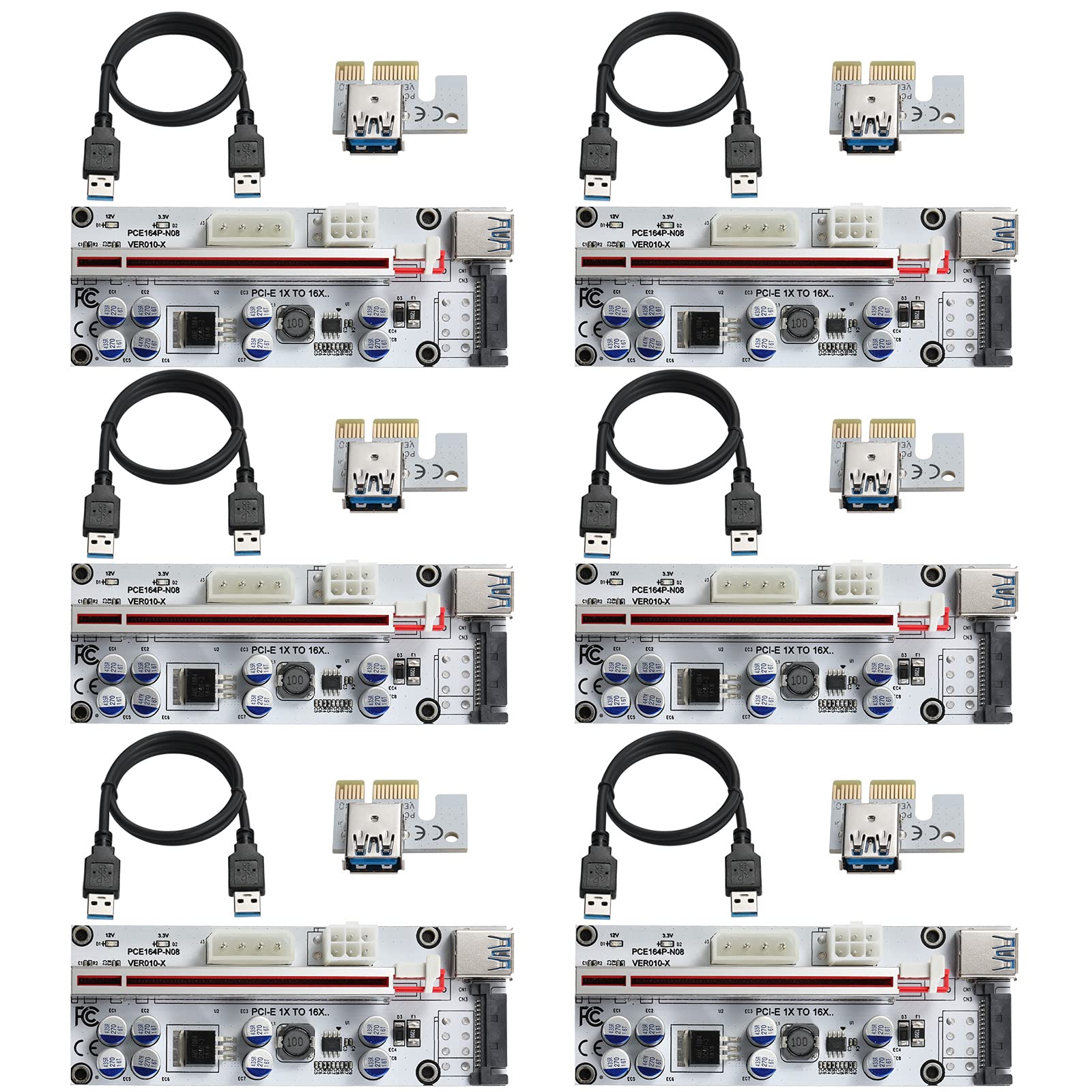 MZHOU PCIe 1X to 16X Riser Card Graphics Expansion Powered Riser Adapter Card with 0.6m USB 3.0 Extension Cable for Bitcoin Crypto Ethereum Mining (Chip:ASM1187e，White-6 pcs)