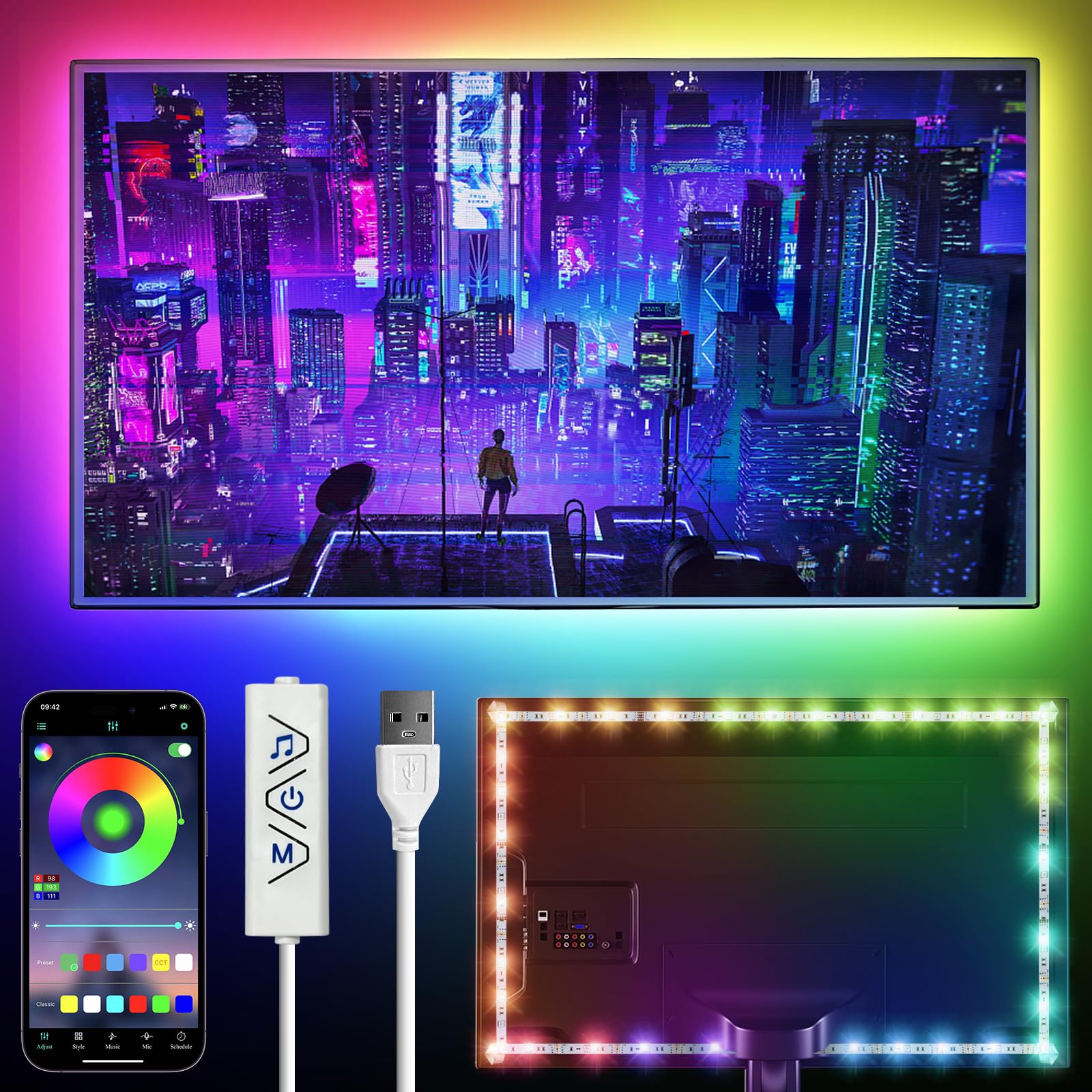 4M LED Strip Lights for TV,USB LED TV Backlights with APP Control for 40 to 65inch TV,RGB LED Strip Light,Music Sync Backlights Color Changing Led Strip,5050 RGB TV LED Lights for TV PC Monitor