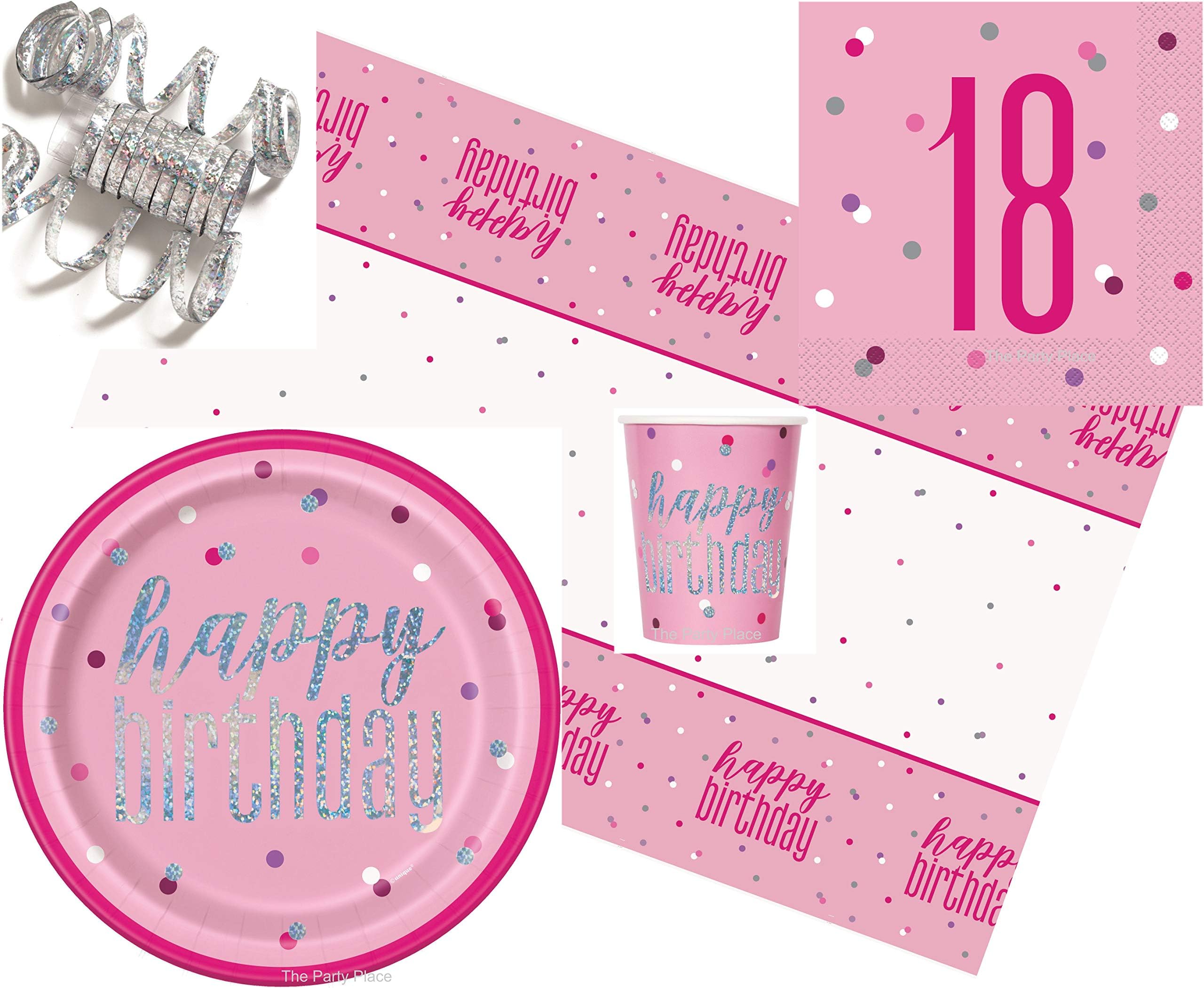 Pink Glitz 18th Birthday Party Tableware Pack for 16
